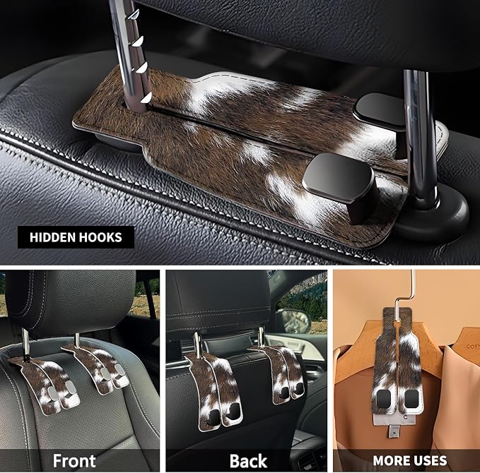Car Seat Headrest Hook, Universal Leather Cute Hanger Holder Hook, Storage Organizer Interior Accessories for Purse Bags Handbag Brown White Cowhide