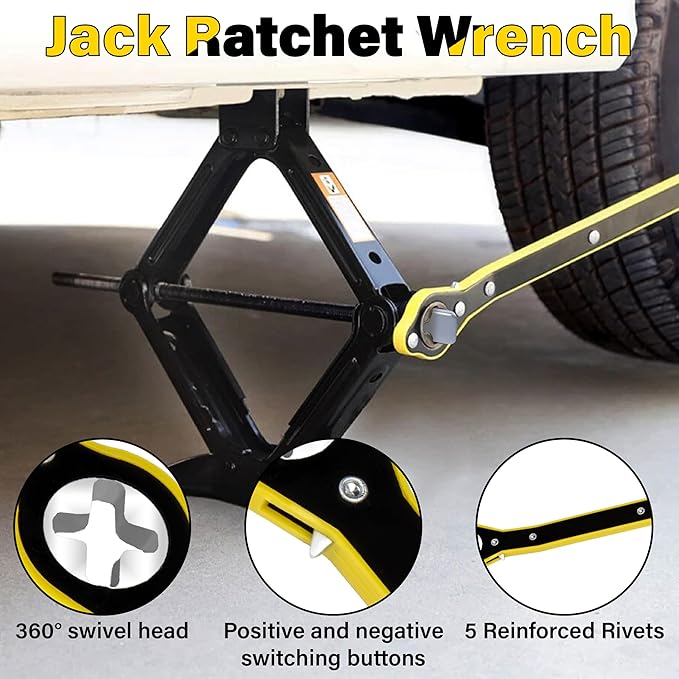 Car Jack Ratchet Wrench, Labor-saving Tire Jack Handle, Scissor Jack Adapter for Car with Long Handle, 360° Swivel Tire Wheel Lug Wrench for Travel/Truck/SUV/Vans