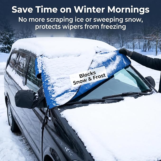 Windshield Cover for Pickup Trucks SUVs Sedans, Heavy Duty Waterproof All-Season Snow Ice Sun Protector, Universal Car Windshield Guard with Anti-Theft Side Flaps, Heat Shield, Blue