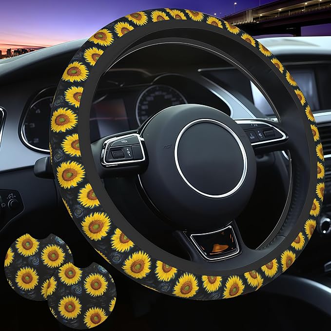 Sunflower Floral 3-Pc Car Set : Steering Wheel Cover + 2 Pc Car Coasters | Universal 14 - 15 Inch Breathable Anti Slip Sunflower Car Accessories Decor for Men Women