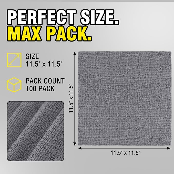 Shop Towels, 100 Pack - 11.5"x 11.5" Commercial Grade Work Rags for Cars, Microfiber Cleaning Cloths Bulk Detailing Cloth for Automotive Mechanic Garage Housekeeping Restaurant - Grey