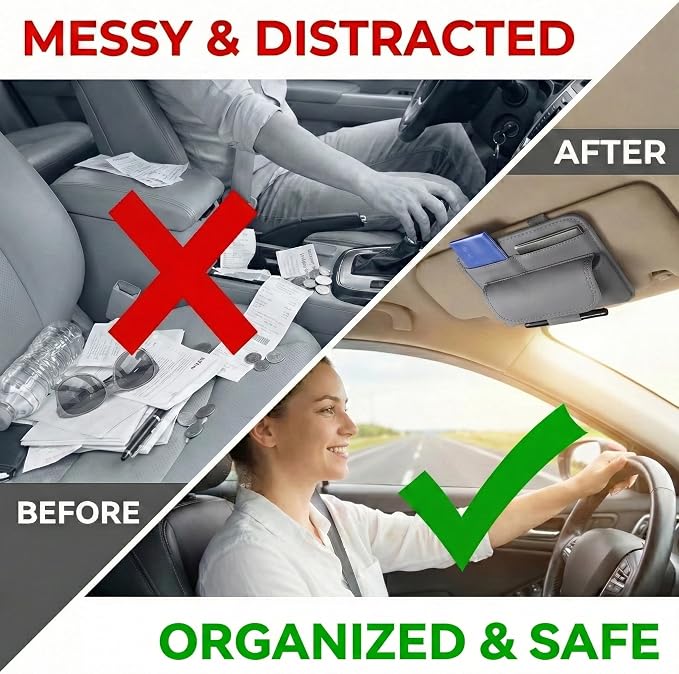 Car Visor Organizer – Sun Visor Storage Pouch Holder for Vehicle Truck SUV, PU Leather Auto Interior Accessories for Registration Document, Gas Card & Sunglasses, Universal Fit (Gray)