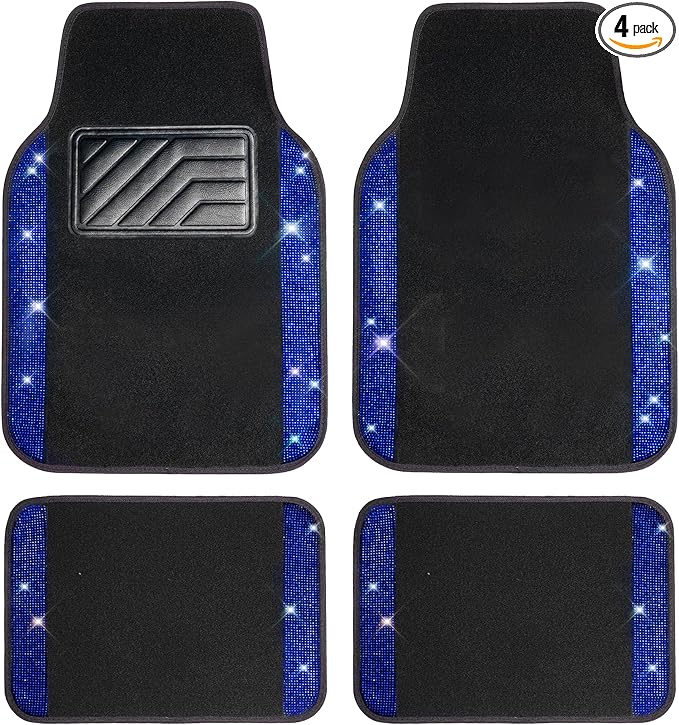 Bling Rhinestones Diamond Car Floor Mat,Sparkly Glitter Shining Crystal Carpet Anti-Slip PVC Heel Pad Waterproof Universal for Automotive SUV,Sedan,Van,4pcs Girl Pretty Women Men Black Blue