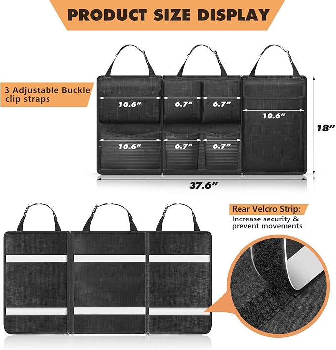 Car Trunk Organizer and Storage, Detachable Seat Back Hanging Organizers Storage with Zippers, Large Capacity Car Accessories Interior for Jeeps, SUVs, Vans (Black)