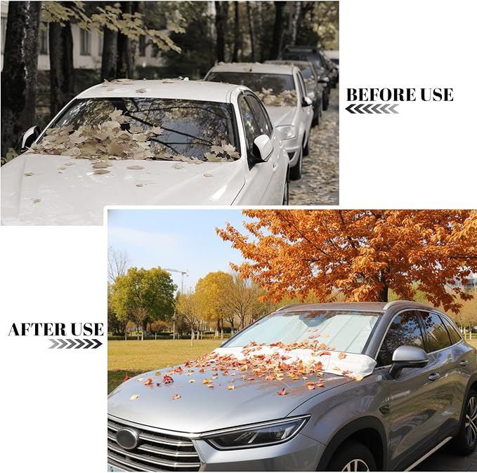 Half Car Cover for Windshield Ice & Snow - Windshield Snow Cover with Hail Protector, All-Weather Car Cover Fit for Cars & SUVs with Reflective Straps (Universal Car Leaf Protector)