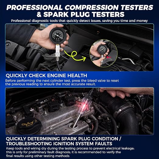 13PCS Compression Tester Kit, 0-300 PSI Triple-Scale Gauge with Fluorescent Dial, 5 Metal Adapters M10-M18 & 2 Spark Plug Testers, for Gasoline Engines Cars Trucks ATV Small Engines