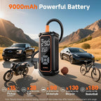 Cordless Tire Inflator Portable Air Compressor, Dual Power Mode - 9000 mAh & 12V DC, Air Pump for Car Tires, Motorcycle, Bicycle, Electric Pump with LED Light & Digital Pressure Gauge
