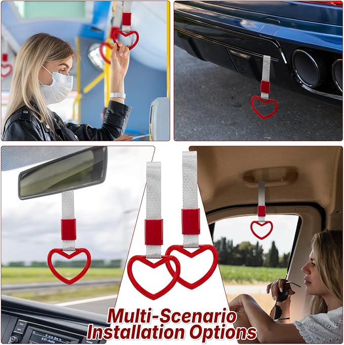 2 Pcs Heart Shaped Car Handle Strap – JD M Drift Charm Rear Bumper Warning Ring Decor for Car Interior Exterior, Subway Bus Handle Accessory, Cute Heart Car Decor Gift for Drivers (Red-Silver)