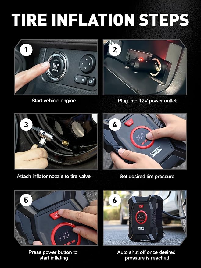 Portable Tire Inflator for Car, 12V Air Compressor, Max 100 PSI | Car Portable Air Compressor, Digital Tire Inflator with Gauge, Smart Auto-Stop & Fast Inflation Design