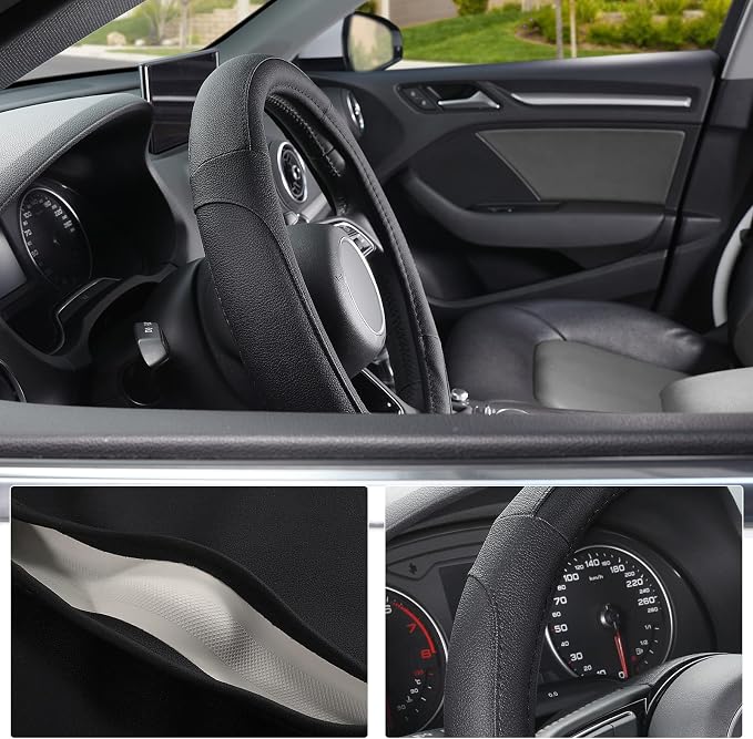 Car Steering Wheel Cover for Prius Civic Model 3 Model Y Camaro, Small Size 14-14.25 inch, Black Microfiber Leather