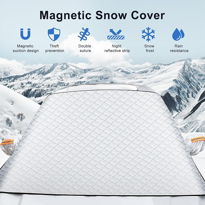 Car Windshield Snow Cover, Magnetic Windshield Snow Cover 4-Layer Protection for Snow, Ice, Frost, Sunlight, Car Windshield Cover with Side Mirror Protector Fit for Most Cars Sedan Compact SUV