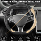 D Shaped Steering Wheel Cover, Flat Bottom Car Wheel Cover 14 1/2-15 in. (37-39 cm), Black and Beige Microfiber Leather
