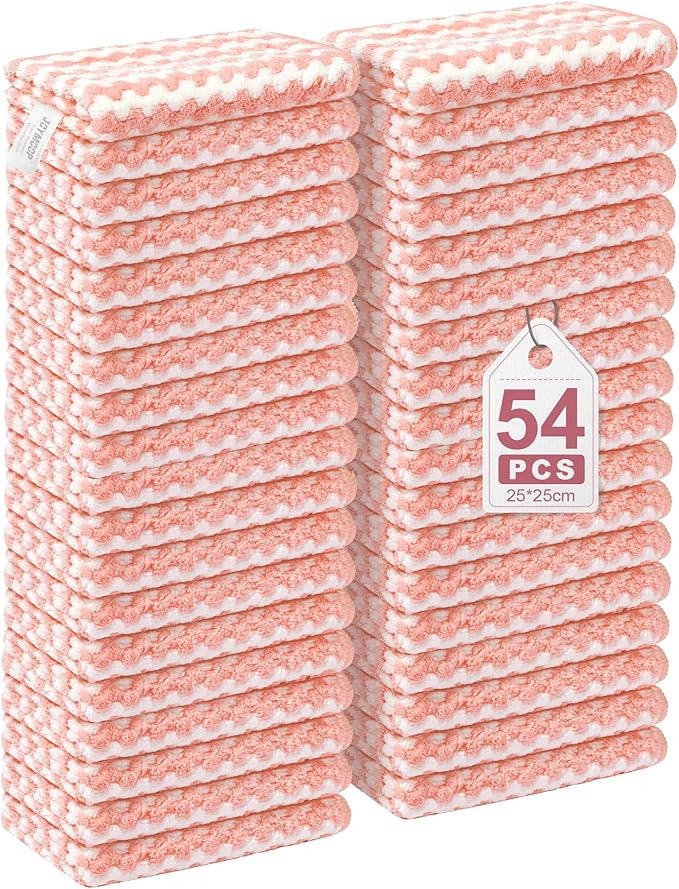 54 Packs Microfiber Cleaning Cloths, 10" x 10" Kitchen Towels – Reusable Cleaning Rags, Lint-Free, Super Absorbent Cleaning Cloths for Kitchen, Car, and Household Cleaning, Pink