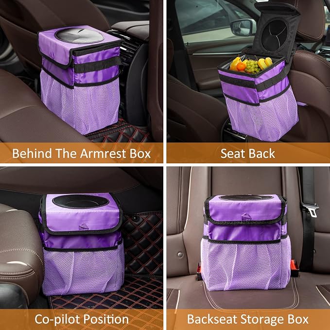 Car Trash Can Foldable Garbage Bin Leakproof 2.3 Gallons Car Trash Bag Purple