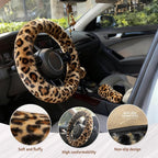 Fluffy Steering Wheel Cover 3PCS Set – Plush Fuzzy Fur Steering Wheel Cover with Gear Shift Cover & Handbrake Cover, Winter Warm Car Accessories, Car Interior Accessories for Women (Leopard)
