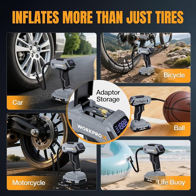 WORKPROX Tire Inflator Portable Air Compressor, 150 PSI Cordless Car Tire Pump with Digital Pressure Gauge, Fast Inflation, Rechargeable Battery & 12V DC Power, for Cars, Motorcycles, Bikes, Balls