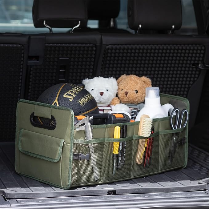 Car Trunk Organizer, Car Organizers and Storage Collapsible Multi Compartment Container Box, Adjustable Car Accessories for SUV Sedan Truck, Standard Size, Green