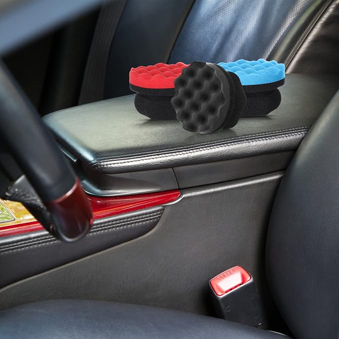 6 Pcs Tire Hex Grip Dressing Applicator Washable Tire Shine Applicator Dressing Pad Car Detailing Foam Sponge Reusable Tire Cleaner Sponge for No Slip Tire (Black, Red, Blue, 4.33 Inch Diameter)