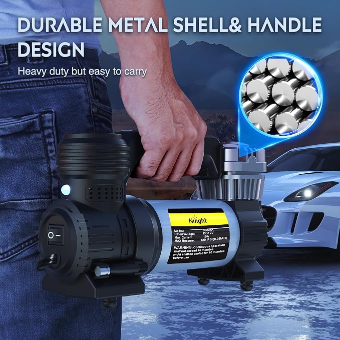 Portable Air Compressor Tire Inflator 12V Heavy Duty 120PSI Metal Pump Double Cylinder Digital Pressure Fast Inflate Auto Shutoff for Car SUV Motorcycle