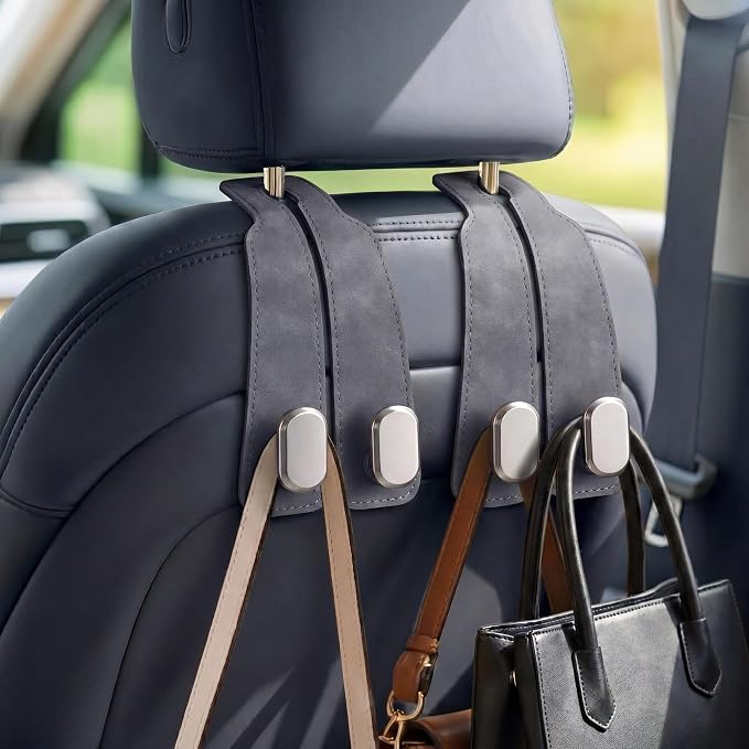 Car Seat Headrest Hooks for Purses & Shopping Bags, 2 Pack Suede Car Purse Hook, Double Hooks Secure Bags While Driving, Elegant & Durable, Simple to Install, Fits Handbags, Grocery Bags, Bottles.
