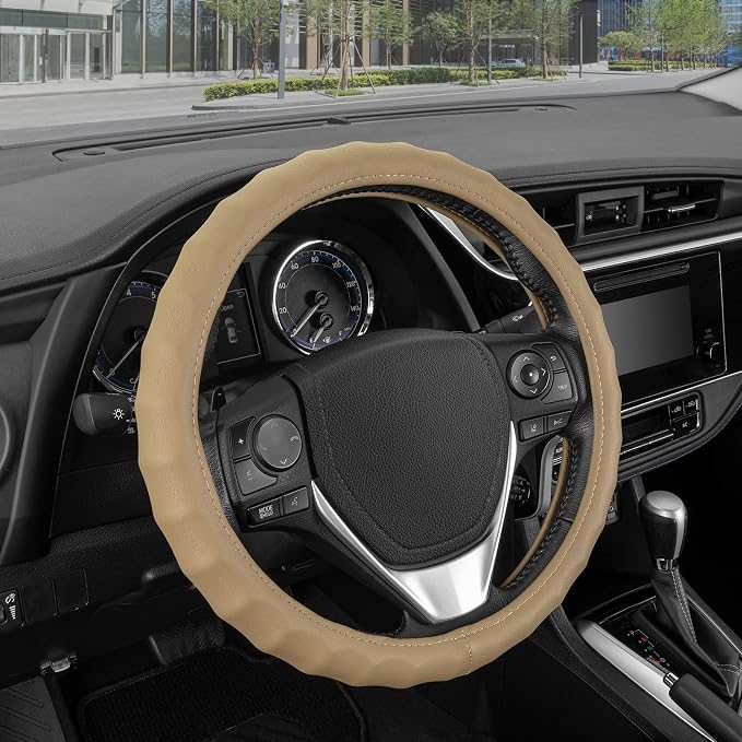 Beige Leather Car Steering Wheel Cover Large Size 15.5 to 16 inch, Easy Installation
