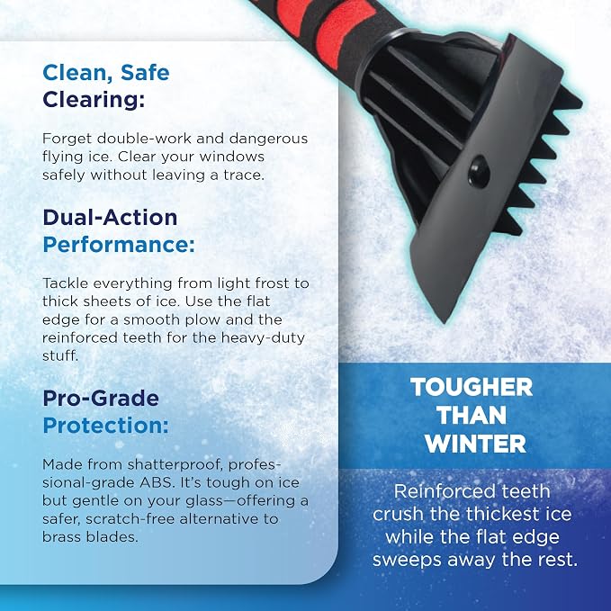 Ice Scraper for Car Windshield & Windows - Tough Reinforced Plastic Handle - Chisel Side for Frost, Claw Side for ICY Chunks