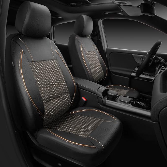 Piping PU Leather Car Seat Cover Full Set,Inside Zipper Design and Reserved Opening Holes,Airbag Compatible,Universal FIT for Car, SUVs,Van,Small Trucks（Full Set, Black & Gold）