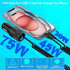 【MFi Certified】iPhone 17 Car Charger Fast Charging, 75W USB C PD&QC Car Power Cigarette Lighter USB Charger with 6FT Type C Coiled Cable for iPhone 17/17 Pro Max/16/15/Galaxy S26/S25/Pixel