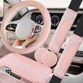 6 PCS Nappa Microfiber Leather Pink Steering Wheel Cover Set, Breathable Fabric Steering Wheel Cover 14.5-15inch Universal, Car Center Console Cover, Seat Belt Cushion, Cup Holder Coaster