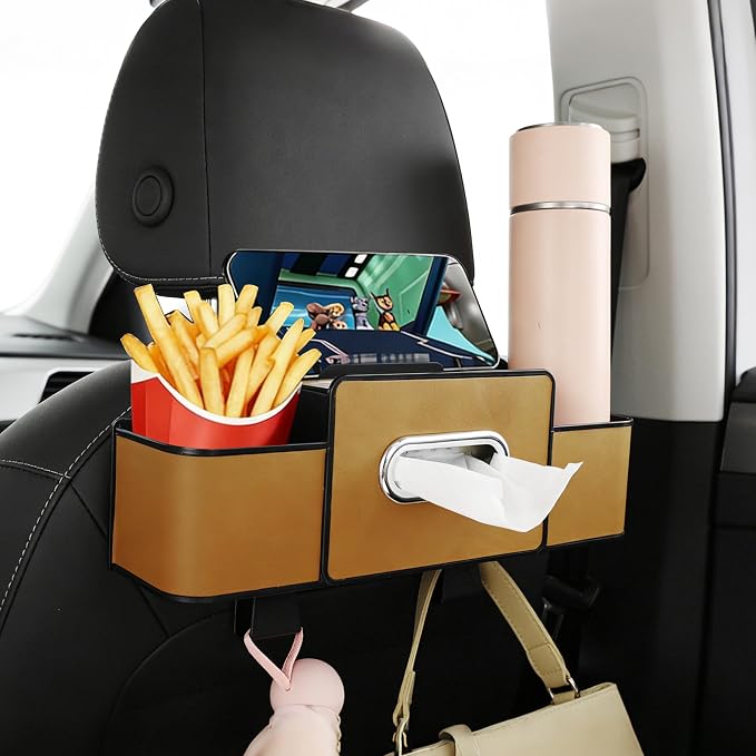 Back Seat Car Organizer, 4+2 in 1 Multifunctional Car Backseat Storage Box with 3 Cup Holders Tissue Box Hook, Car Interior Storage for Travel Phones Snacks Drinks(Brown)