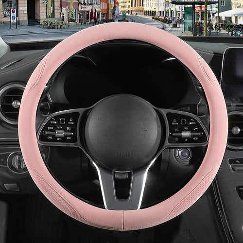 14 inch Pink Suede Steering Wheel Cover, Breathable Non-Slip Sweat-Proof Wear-Resistant No Pilling, Warm in Winter and Cool in Summer