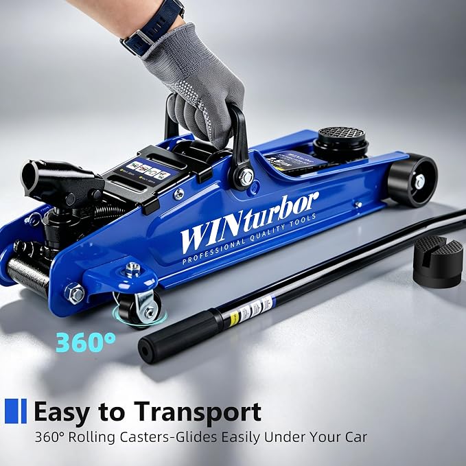 2.5T Floor Jack, 5500 lbs, 3.35"-14.96" Lift, Tire Kit, Pads & Bag | Steel jack, 3.35"-14.96" lift. 360° swivel handle, rear casters. Includes tire kit, 2 rubber pads & bag.