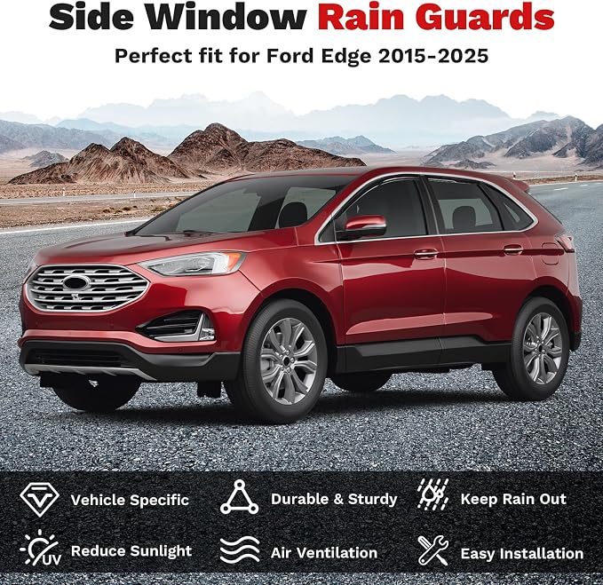 Rain Guards Window Visors for 2015-2025 Ford Edge Accessories, Outside-Mount Tape-On Side Window Wind Deflectors Vent Visors Shades Rainproof 4PCS