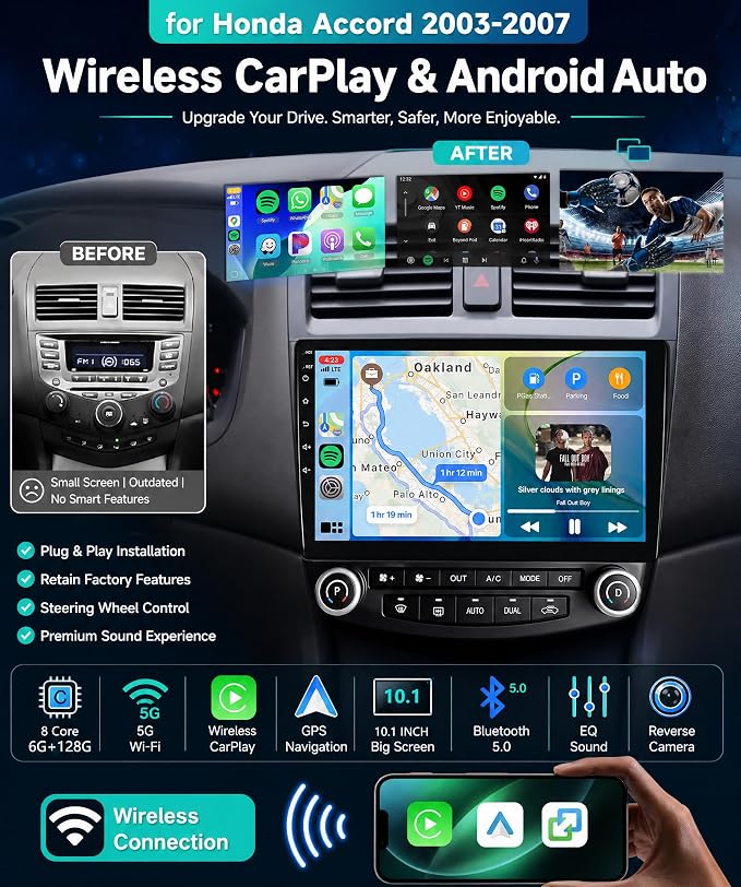8Core 6G+128G Android 15 Car Stereo for Honda Accord 2003-2007, Car Radio Wireless Carplay Android Auto GPS WiFi 10.1'' Touchscreen DSP Bluetooth 5.0 FM/RDS SWC Backup Camera