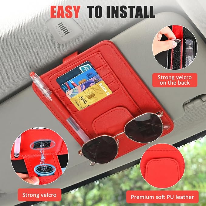 Sunglass Holder for Car Visor, Multi-Pocket Leather Car Sun Visor Organizer with Ticket Pens Card Clip, Sunglasses Holders,Suitable Eyeglasses,Car Accessories Keep Tidy (Red)