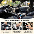 5 Pcs Fuzzy Black & Wihte Car Accessories Set, Soft Fluffy Plush Steering Wheel Cover, Center Console Armrest Pad & Rearview Mirror Cover - Interior Decorations for Women,Universal Fit (Check)