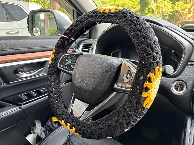 Handmade Crochet Sun Moon Car Steering Wheel Covers Universal 14-15 inch,Cute Steering Wheel Cover,Car Accessories (Black Steering Wheel Cover)
