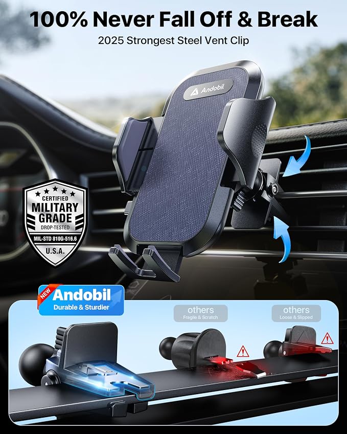 Car Phone Holder Mount (Strong Suction&Bumpy Road Stable) Phone Holders for Your Car, Cell Phone Car Mount for Windshield Dash Vent Truck Cradle Stand for iPhone 17 16 15 14 Pro Max, Blue