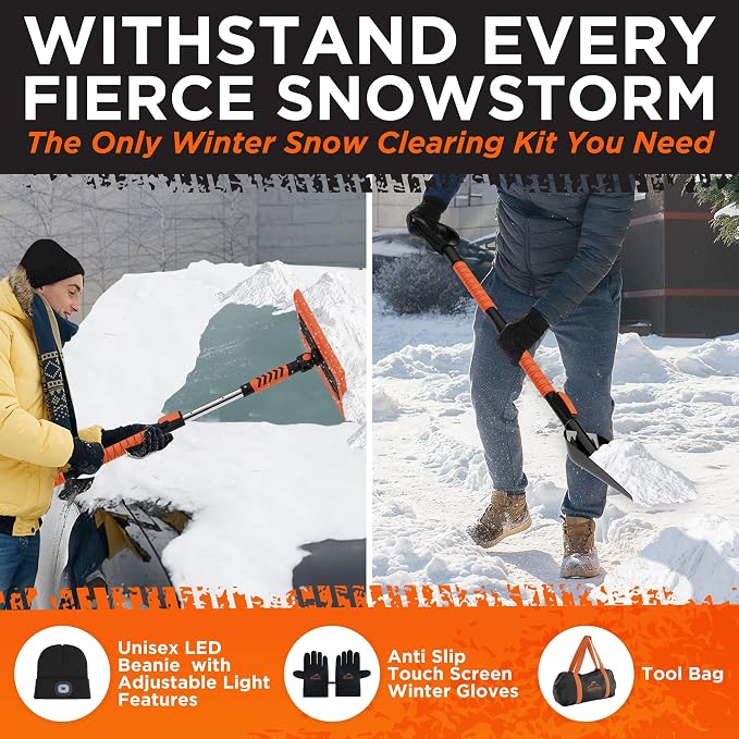 55" Ice Scrapers for Car Windshield and 270° Pivoting Non-Scratch Snow Brush Winter Car Kit with Snow Shovel Snow Brush for Cars and Snow Scraper with Extendable Snow Shovel for Car