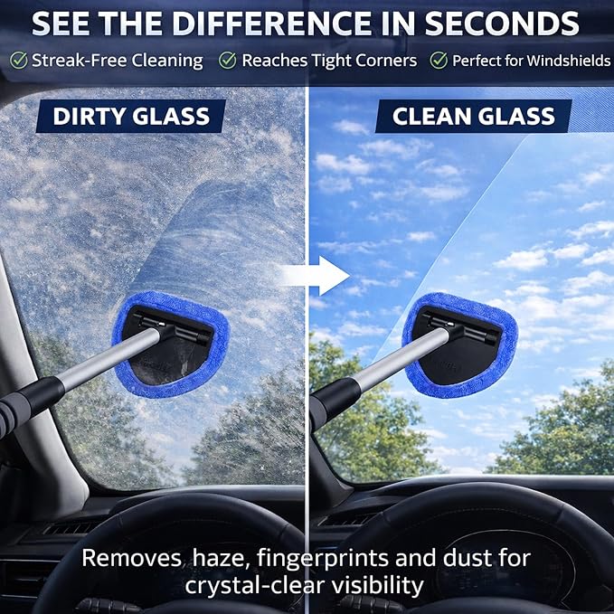 2-Pack Windshield Cleaner Tool, Extendable Handle Auto Detailing Kit with 8 Washable Microfiber Pads & Spray Bottle, Professional Home & Car Window Glass Duster, 180° Swivel Head