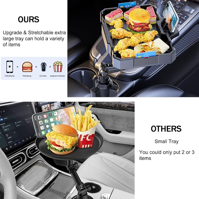 7.9-9.8in Expandable Car Cup Tray, 360 Rotating w/Phone Holder for RV Truck | Road Trip Essentials / Travel Must-Have / Snacks Food Tray