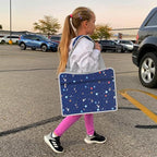 Car Seat Tray for Kids, Essential for Car Travel & Airplane Trips | Toddler Gift with Educational Drawing Board, Tablet Holder, Cooler Cup Holder & Storage Pocket, Space Pattern, Dark Blue