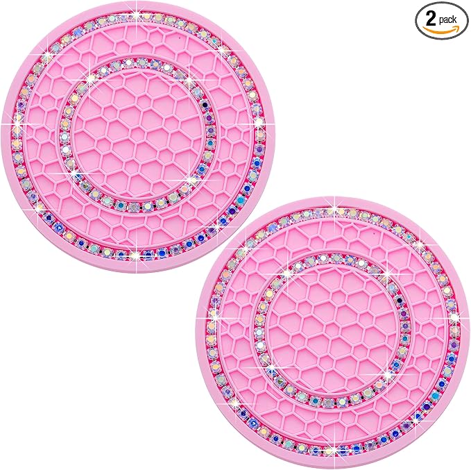 2PCS Bling Crystal Rhinestone Cup Coaster Insert, 2.75 inch Soft Silicone Anti-Slip Shockproof, Car Drink Holder Coaster, Universal Car Interior Accessories for Women (Pink & Colorful)