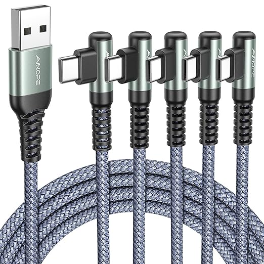 AINOPE USB to USB C Cable [5-Pack, 3.3ft] 3.1A Type C Charger Fast Charging, Right Angle USB to C Cable for Galaxy A15 A25 A35 A55 A54, S10+ S10 S9, Note 20 10 9, LG V30, Moto G, iPhone 16 15 Cord