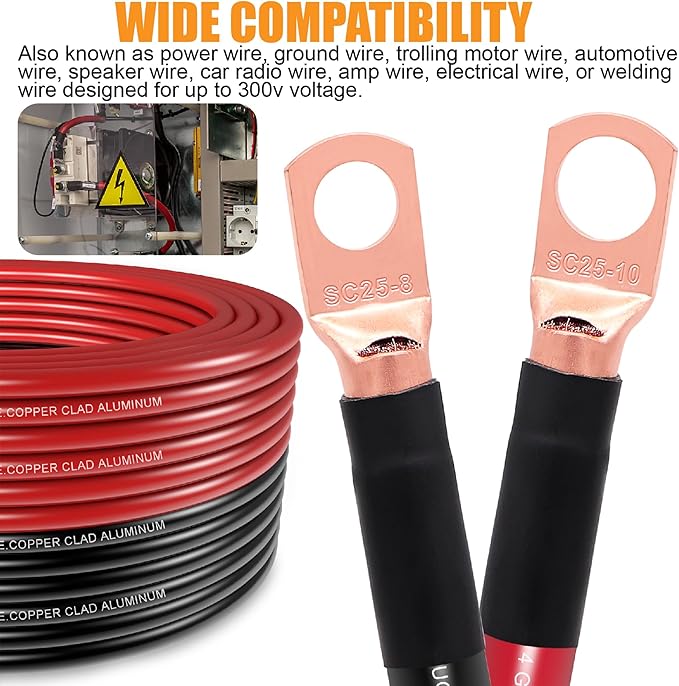 4 Gauge Wire (25 Feet Black+25 Feet Red) Copper Clad Aluminum Automotive Power Ground Cable Wire,20PCS Lugs Terminal Connectors,Heat Shrink Tubing,100A ANL Fuse with Cable Cutter
