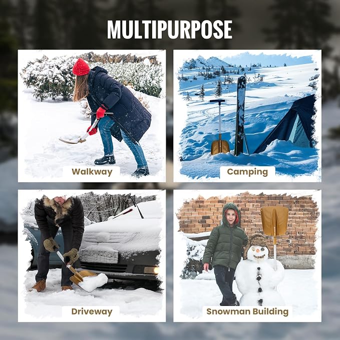 Snow Shovel, Collapsible Aluminum Alloy with Ice Scraper Brush - Portable Folding Shovel for Camping, Car Emergency, Winter Outdoor - 25.98" Lightweight Durable Design (Coyote Brown)