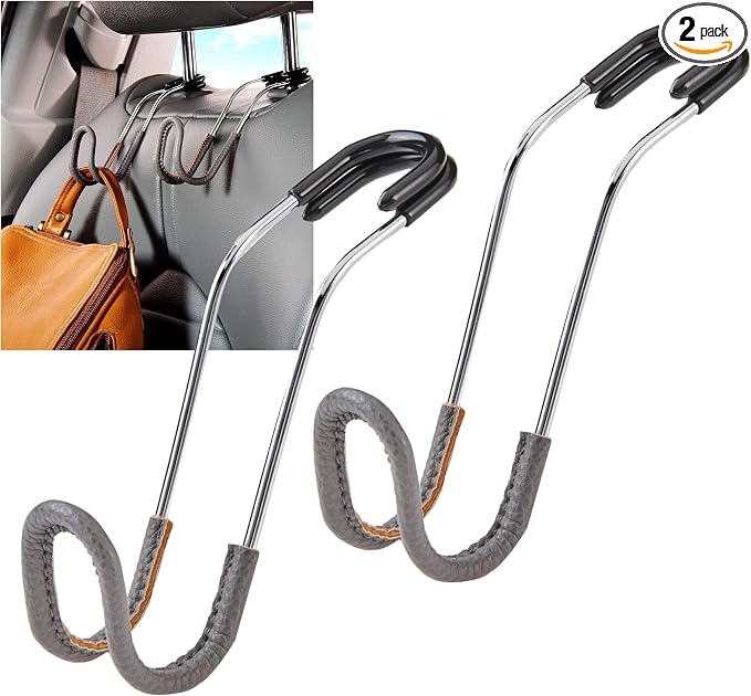 Car Hooks for Purses and Bags with Leather Trim - Unbreakable Headrest Car Hooks for Large Purse Straps and Heavy Bags up to 40 lbs - Secure Attachment Loops Fit All Headrest Posts, 2-Pack