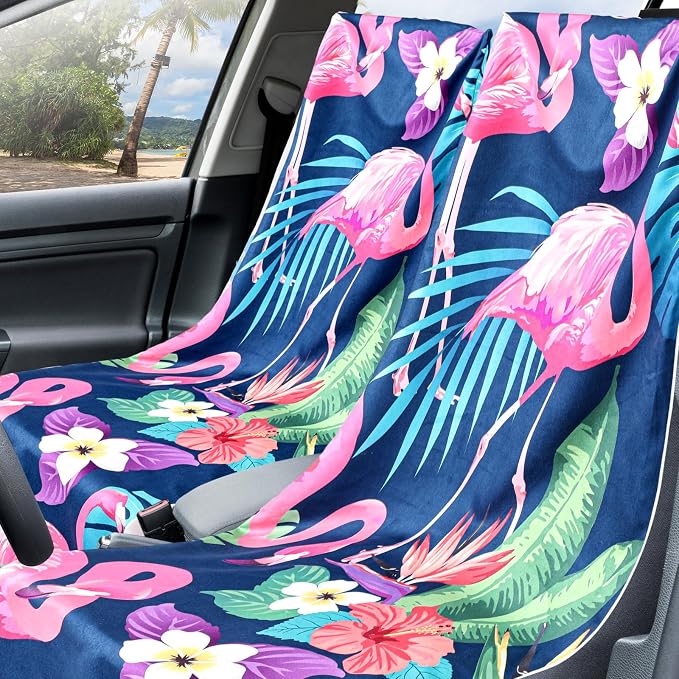 Car Seat Towel Covers with Storage Bag, 63 x 32 Inch Universal Non Slip Waterproof Sweat Protector for Car Truck, Gym Swimming Running, Machine Washable(2 Pack,Flamingos)