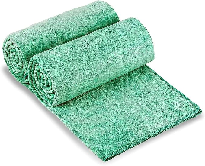 Large Bath Towels Set, 2 Pack, 30" x 60", Microfiber Body Towels for Adult, Oversized, Soft, Absorbent, Fast Drying for Shower Sauna Yoga Swimming Sport Fitness Gym Pool (Green-Floral Embossed)