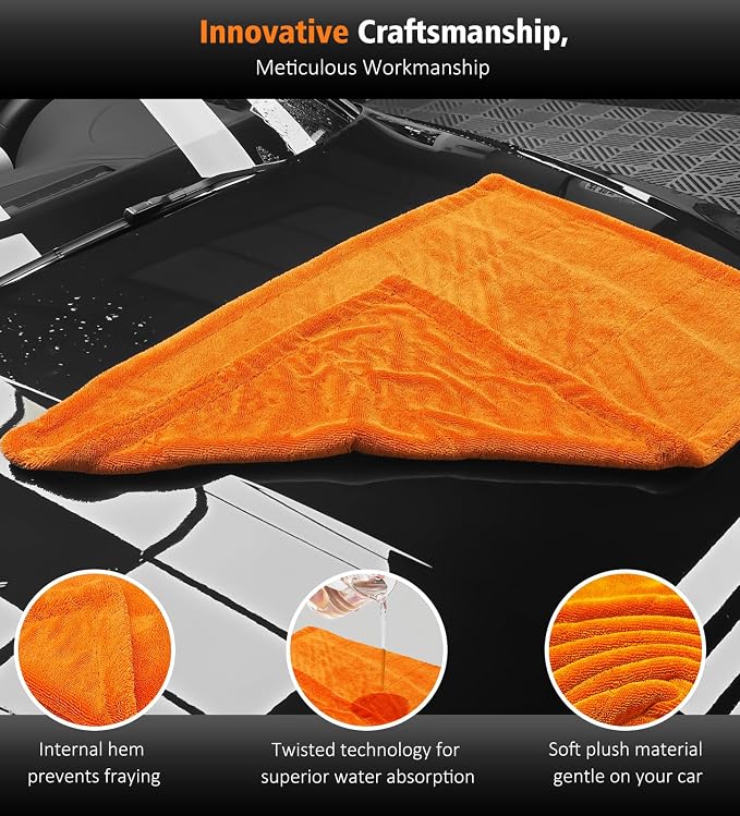 3 Pack Car Drying Towel, 24" x 36" Double Twisted Loop Car Drying Towels Extra Large, 16" x 16" Edgeless Microfiber Drying Towel and Absorbent Waffle Weave Towels for Cars Truck SUV, Orange